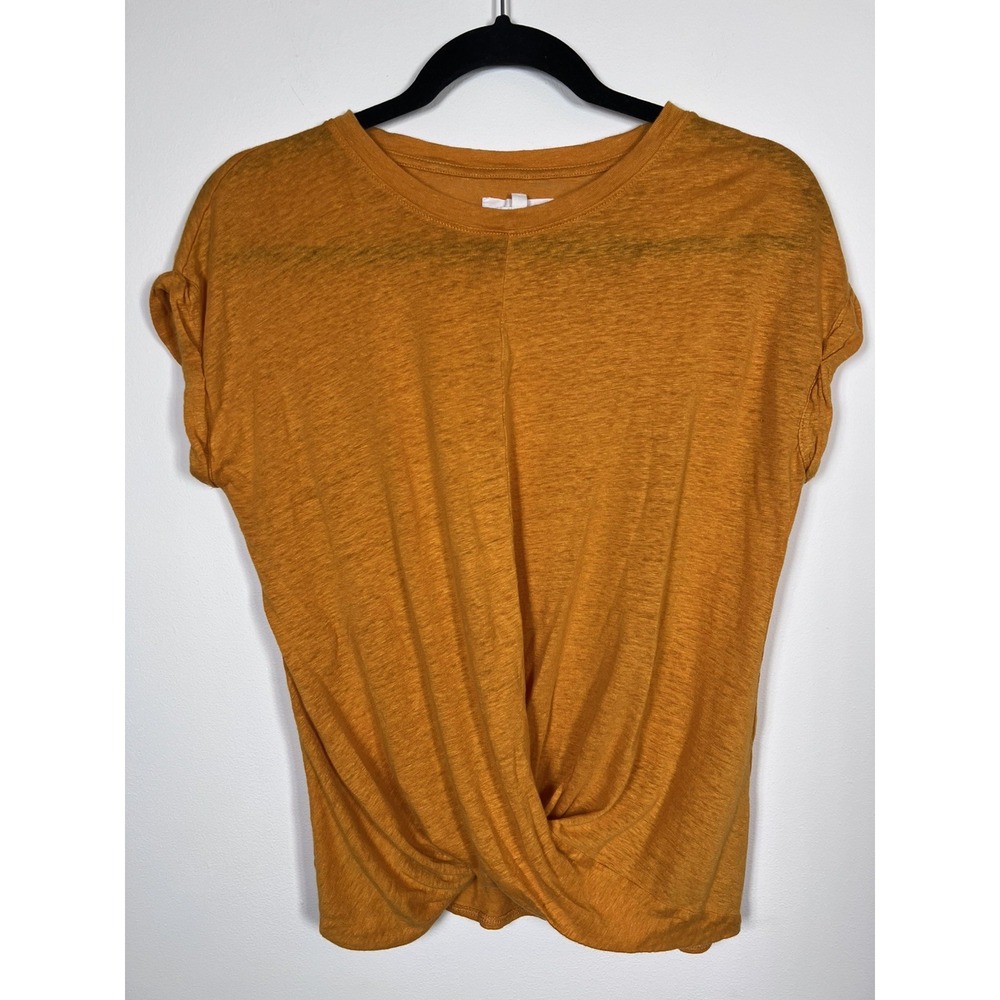 Lou & Grey LOFT Linen Twist Front Top Women's M Mustard Orange Summer Soft Tee